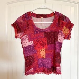 Free People Garner Patchwork Mesh Sheer Short Sleeve Size Medium